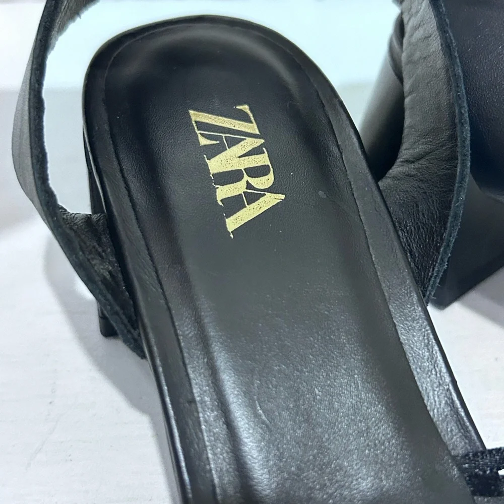 Zara Womens Black Gold Upper Leather Square Toe Ankle Strap Heel Sandals Size 36 - Picture 4 of 12